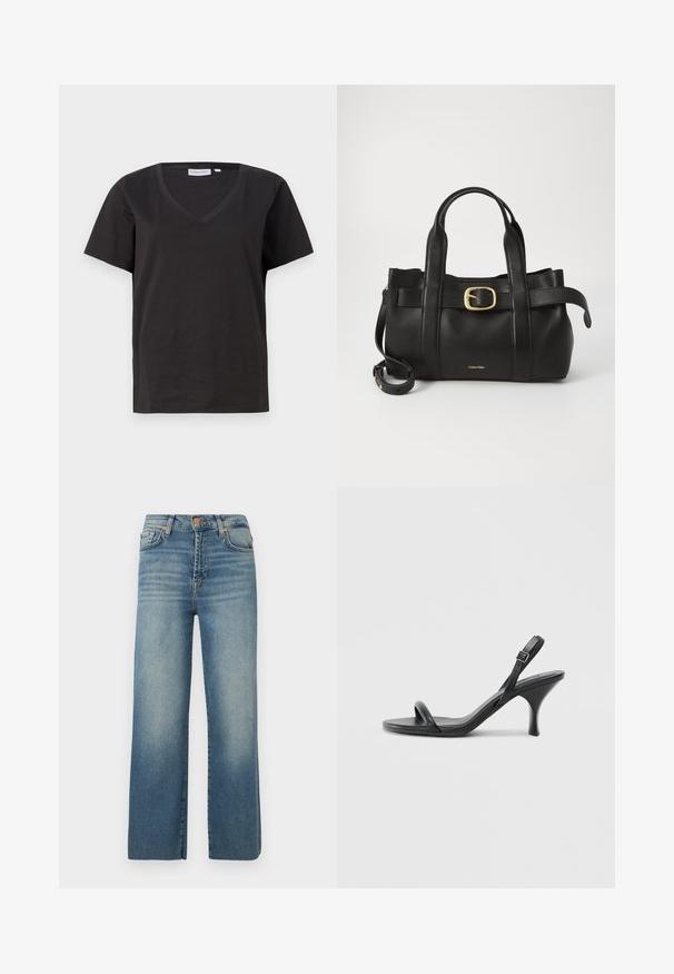 Musta puuvillainen T-paita, jossa on V-kaula-aukko ja lyhyet hihat. Yksinkertainen muotoilu, säännöllinen istuvuus ilman kuvioita tai koristeita.; Lyhyet siniset farkut, jotka on valmistettu denimistä ja joissa on haalistunut pesu, viisi taskua, napitus ja vyölenkit. Ne ovat suorat ja rento malli.; Mustat nahkaiset korkokengät, joissa on hoikka, kaareva korko ja ristiin menevä hihnadesign. Säädettävä nilkkahihna. Silkkinen pinta.; Musta nahkakäsilaukku, jossa on struktuurinen muotoilu, kaksoiskahvat, kultasävyinen solkiaksentti ja kohokuvioitu brändilogo edessä.