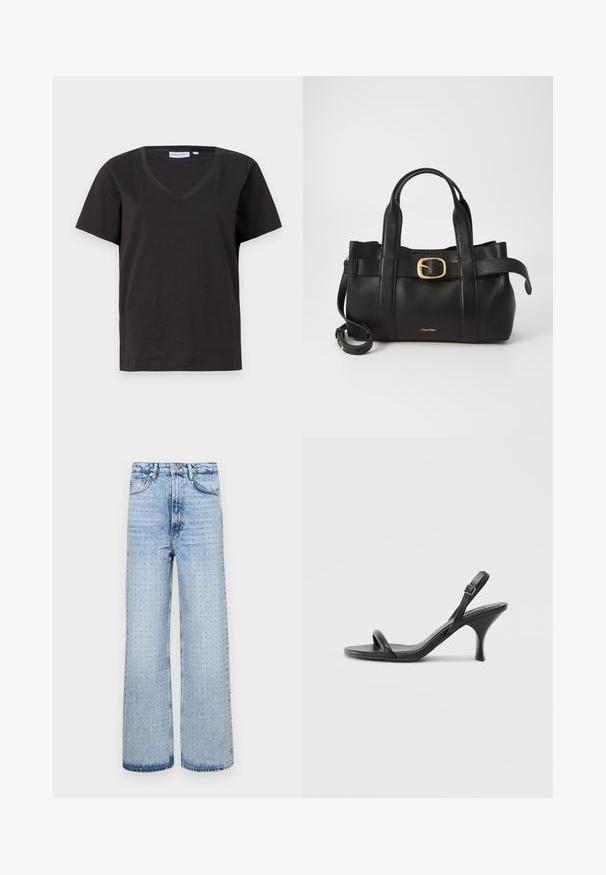 Tricou negru din bumbac cu decolteu în V și mâneci scurte. Design simplu, cu o croială normală și fără modele sau accente.; Jeanși din denim albastru deschis cu un design wide-leg, prezentând detalii perforate pe întreaga suprafață și un stil clasic cu cinci buzunare.; Sandale cu toc înalt din piele neagră, cu un toc subțire și curbat și un design cu curea încrucișată. Curea la gleznă ajustabilă. Textură netedă.; Geantă de mână din piele neagră, cu un design structurat, mânere superioare duale, accent cu cataramă aurie și logo-ul brandului embosat în față.