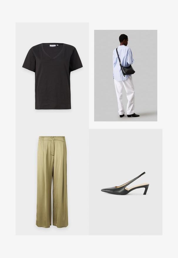 Czarna bawełniana koszulka z dekoltem w serek i krótkimi rękawami. Prosty design o regularnym kroju bez wzorów ani dodatków.; Oliwkowe, szerokie spodnie z gładkiego materiału, z przodem zapinanym na guzik i plisowanymi detalami w okolicy talii.; Czarny but na obcasie typu slingback z ostro zakończonym noskiem, z niskim obcasem, wykonany z gładkiej skóry, z wycięciem po boku dla lepszej wentylacji.; Czarna skórzana torba na ramię o miękkiej fakturze, w kształcie trójkąta, z regulowanym paskiem, połączona z jasnoniebieską koszulą w paski i białymi spodniami.