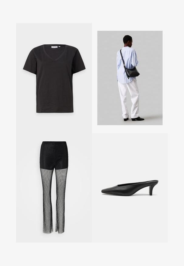 Must musta T-särk V-kaelusega ja lühikeste varrukatega. Lihtne disain, regulaarne istuvus, ilma mustrite ja aktsentideta.; Mustad kalasukkpüksid, millel on kindel ülemine osa, laia jala disain ja tekstuuriga võrkkangas üle kogu pükste.; Mustadast mustad nahast teravatipulised mules madala stilletokontsaga. Sile tekstuur, minimalistlik disain ja avatud selg mugavaks selga panemiseks.; Must have mustras alasi nahkpatsi, pehme tekstuuriga, kolmnurkse kujuga ja reguleeritava rihmaga, koos helesinise triibulise särgi ja valgete pükstega.