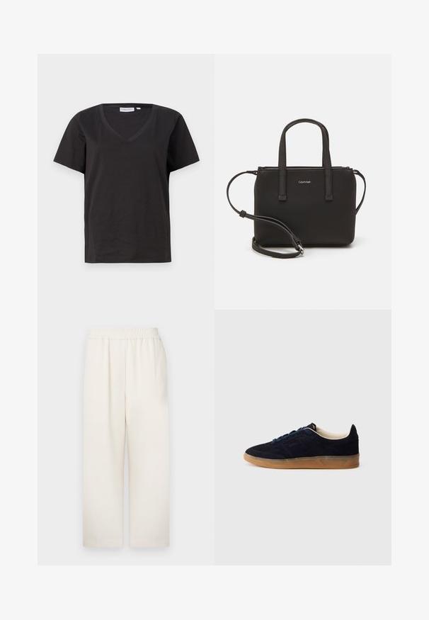 Black cotton T-shirt with a V-neck and short sleeves. Simple design with a regular fit and no patterns or accents.; Cream-colored, wide-leg trousers with an elastic waistband. Smooth, lightweight fabric. Features a relaxed fit and no visible patterns or hardware.; Navy suede sneaker with a gum rubber sole, blue laces, and minimalist design. Features embossed logo on the side and smooth inner lining.; Black handbag with dual short handles and a removable shoulder strap. Smooth leather-like material with a zip closure and logo detail.