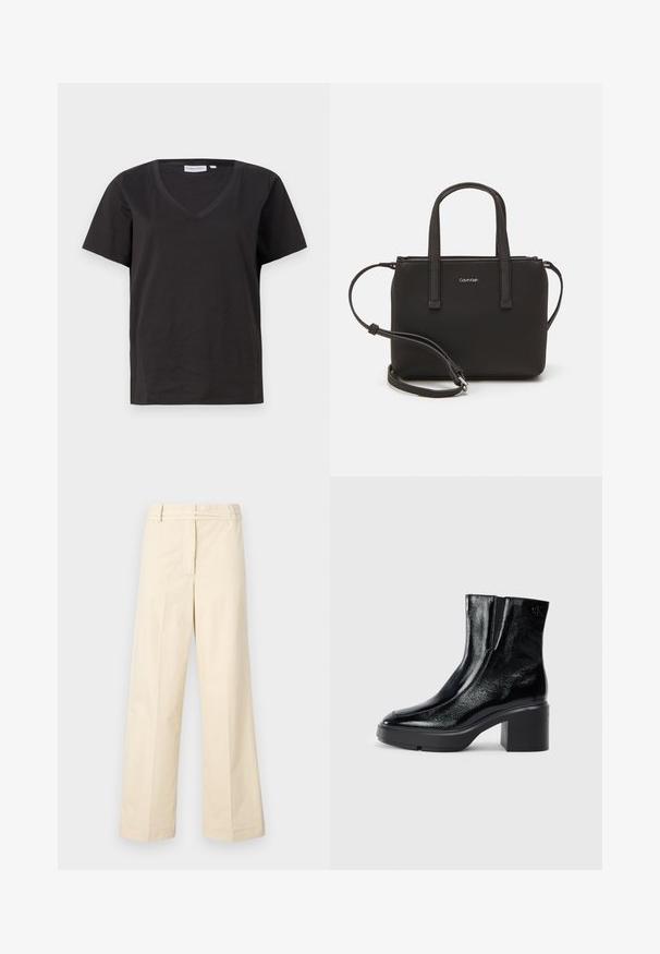 Schwarzes Baumwoll-T-Shirt mit V-Ausschnitt und kurzen Ärmeln. Einfaches Design mit normalem Schnitt und ohne Muster oder Akzente.; Beige weit geschnittene Hosen mit flacher Vorderseite, Gürtelschlaufen und Reißverschluss. Hergestellt aus leichtem Baumwollmaterial mit glatter Oberfläche.; Schwarze Lackleder-Stiefeletten mit einer geschwungenen Zehenpartie, elastischen Seiteneinsätzen und einem klobigen Blockabsatz. Mit geprägtem Logo auf der Rückseite.; Schwarze Handtasche mit zwei kurzen, doppelt geflochtenen Griffen und einem abnehmbaren Schulterriemen. Glattes, lederähnliches Material mit einem Reißverschluss und Logodetail.
