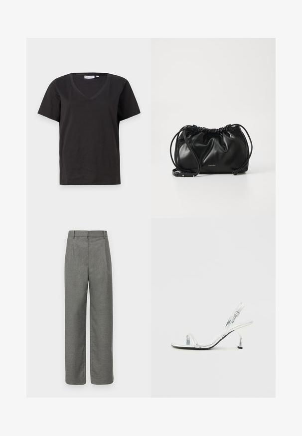 Musta puuvillainen T-paita, jossa on V-kaula-aukko ja lyhyet hihat. Yksinkertainen muotoilu, säännöllinen istuvuus ilman kuvioita tai koristeita.; Harmaat räätälöidyt housut teksturoidusta kankaasta, joissa on tasainen etuosa, vyölenkit ja leveälahkeinen muotoilu. Ei näkyviä taskuja tai yksityiskohtia.; Hopeakilpoinen patentoitu nahkainen slingback-korkokengät, joissa on kapea varvasremmi, säädettävä solki ja hoikka korko.; Musta nahkainen käsilaukku, jossa on kerroksellinen muotoilu, kaksinkertainen nauhakiinnitys ja irrotettava olkahihna. Sisältää metallisen logo-yksityiskohdan.