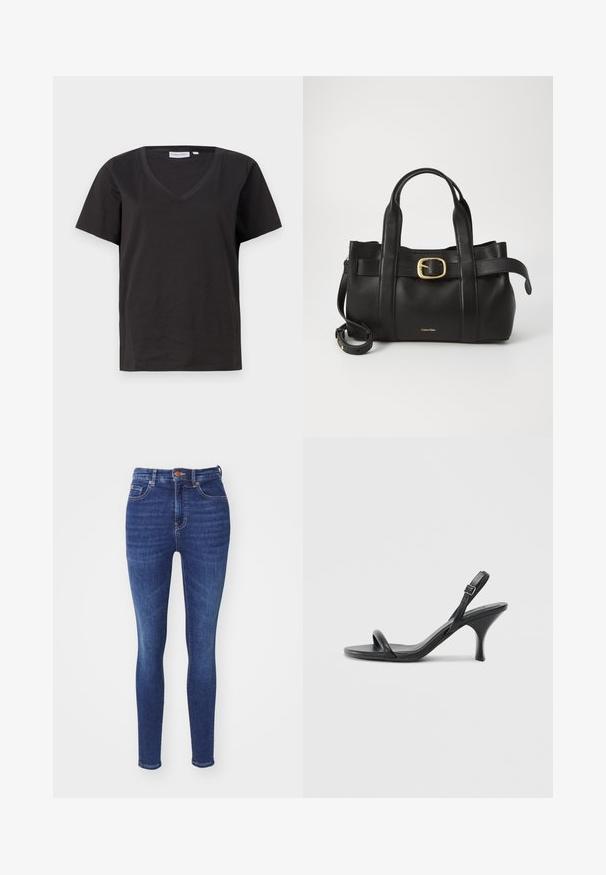 Melnas kokvilnas T-krekls ar V veida kakla izgriezumu un īsām piedurknēm. Vienkāršs dizains ar regulāru piegriezumu un bez rakstiem vai akcentiem.; BOSS MAYE - Ļoti pieguloši džinsi - bright blue; Melnas ādas augstpapēžu sandales ar plānu, izliekta formas papēdi un krustenisku siksnu dizainu. Regulējama potītes siksna. Gluda tekstūra.; Melnas ādas rokassoma ar strukturētu dizainu, divām augšējām rokturām, zelta toņa sprādzes akcentu un iegravētu zīmola logo priekšpusē.