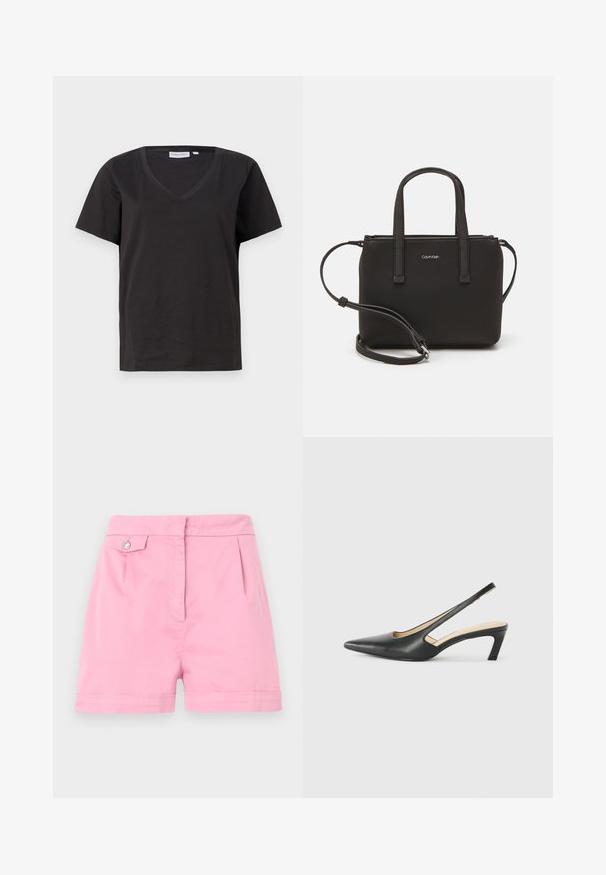 Musta puuvillainen T-paita, jossa on V-kaula-aukko ja lyhyet hihat. Yksinkertainen muotoilu, säännöllinen istuvuus ilman kuvioita tai koristeita.; Vaaleanpunaiset puuvillashortsit, joissa on litteä etuosa, hienovaraiset laskokset ja yksi napitus yksityiskohta vyötäröllä. Lahkeissa on taitettu helma.; Musta, kärjeltään terävä slingback-kengä, jossa on matala korko. Kengässä on sileä nahkamateriaali ja sivuilla leikkaukset hengittävyyttä varten.; Musta käsilaukku, jossa on kaksinkertaiset lyhyet kahvat ja irrotettava olkahihna. Silkkinen nahkatunneinen materiaali, jossa on vetoketjukiinnitys ja logoyksityiskohta.