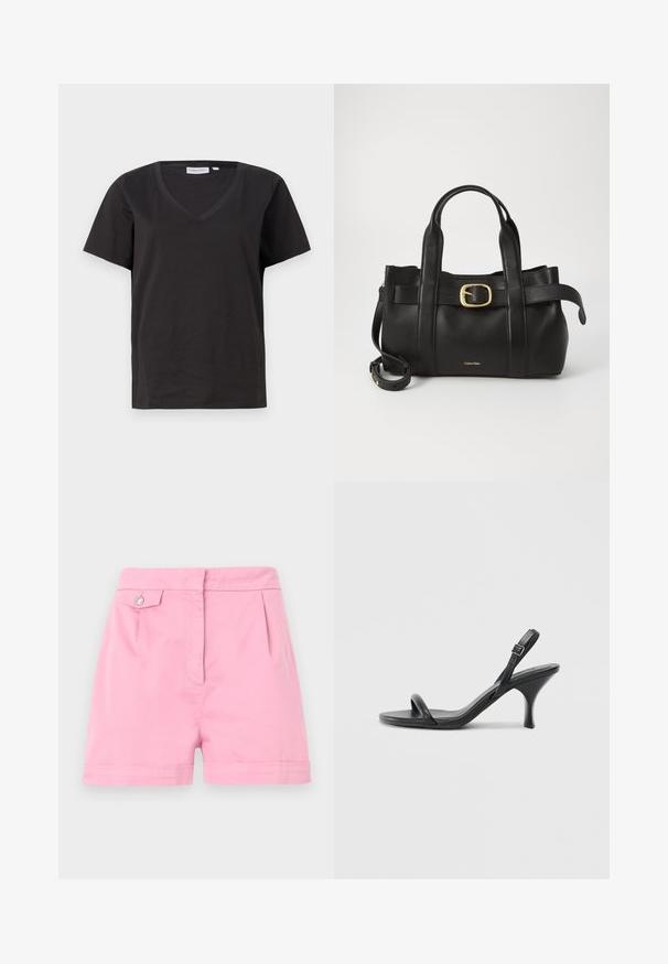 Black cotton T-shirt with a V-neck and short sleeves. Simple design with a regular fit and no patterns or accents.; Pink cotton shorts featuring a flat front, subtle pleats, and a single button detail on the waistband. Folded hem at the legs.; Black leather high-heeled sandals with a slim, curved heel and a crossed strap design. Adjustable ankle strap. Smooth texture.; Black leather handbag featuring a structured design, dual top handles, gold-tone buckle accent, and embossed brand logo at the front.