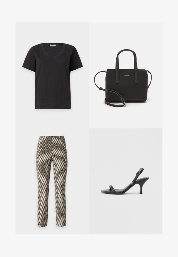 Black cotton T-shirt with a V-neck and short sleeves. Simple design with a regular fit and no patterns or accents.; Patterned trousers with a fitted design, featuring a black background and small beige heart shapes. Material appears smooth and flexible.; Black leather high-heeled sandals with a slim, curved heel and a crossed strap design. Adjustable ankle strap. Smooth texture.; Black handbag with dual short handles and a removable shoulder strap. Smooth leather-like material with a zip closure and logo detail.
