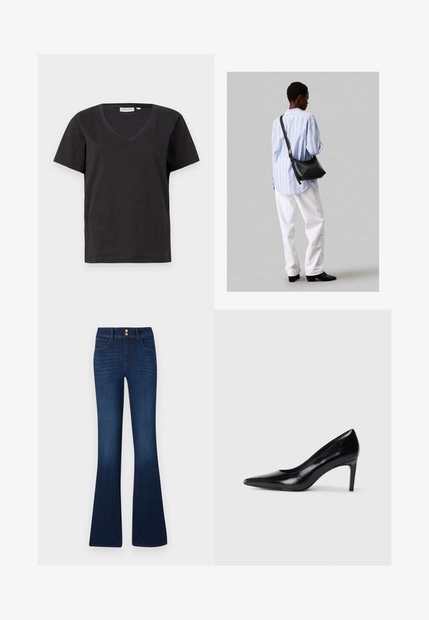 Juodas medvilninis marškinėlis su V formos iškirpte ir trumpomis rankovėmis. Paprastas dizainas, reguliaraus kirpimo, be raštų ar akcentų.; Tamsiai mėlynos džinsinės kelnes su plačiais pašalais, aukštu liemeniu, dviem priekinėmis kišenėmis ir dviem galinėmis kišenėmis, su lygaus paviršiaus tekstūra ir subtiliais siuvinėjimo akcentais.; Juodas odinis aukštakulnis batelis su smailiu pirštu, lygiu paviršiumi ir siauru kulnu. Minimalistinis dizainas, jokių papildomų puošmenų.; Juodas odinis petinis krepšys su minkšta tekstūra, trikampiu pavidalu ir reguliuojama juosta, derinamas su šviesiai mėlynu dryžuotu marškinėliu ir baltais džinsais.