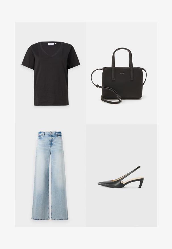 Melnas kokvilnas T-krekls ar V veida kakla izgriezumu un īsām piedurknēm. Vienkāršs dizains ar regulāru piegriezumu un bez rakstiem vai akcentiem.; Gai zilu platā kāju džinsi, kas izgatavoti no denima. Aprīkoti ar klasisku piecu kabatu dizainu un nedaudz izbalējušu apdari. Aizdare ar pogu un rāvējslēdzēju.; Melna, ar smailu purngalu, slingback kurpe ar zemu papēdi, izgatavota no gludas ādas materiāla un ar izgriezumiem sānos gaisa caurlaidībai.; Melns roku soma ar divām īsām rokturiem un noņemamu plecu siksnu. Gluda ādas līdzīga materiāla ar rāvējslēdzēja aizdari un logos detaļu.