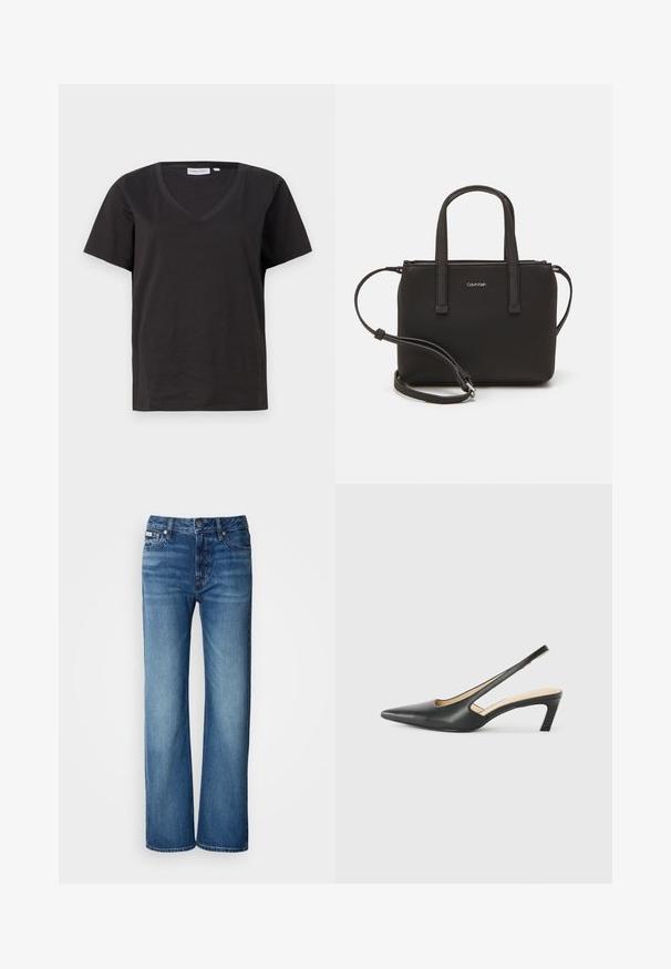 Crni pamučni T-shirt s V-izrezom i kratkim rukavima. Jednostavan dizajn s regularnom krojem i bez uzoraka ili akcenta.; Svijetloplave, široke traperice napravljene od denima; imaju kopčanje na gumb, prednje džepove i suptilni izblijeđeni uzorak na tkanini.; Crne cipele s izduženim vrhom i remenom oko pete, s niskom petom, izrađene od glatke kože i s izrezbarenom stranom radi prozračnosti.; Crna torba s dva kratka ručka i uklonjivom naramenicom. Glatki materijal nalik koži s zatvaračem na zatvaranje i detaljem s logom.