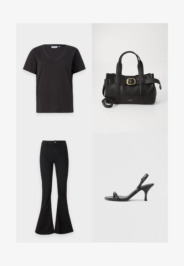 Must musta T-särk V-kaelusega ja lühikeste varrukatega. Lihtne disain, regulaarne istuvus, ilma mustrite ja aktsentideta.; Mustadest denimist flared teksad, mis on kitsas vöökoha juures, lukuga ja nupuga kinnitamine ning väljendunud flare pahkluude juures.; Mustad nahast kõrgete kontsadega sandaalid, millel on saledad, kõverad kontsad ja ristatud rihma disain. Reguleeritav pahkluu rihm. Sile tekstuur.; Must mustraga nahkakott, millel on struktureeritud disain, kaks ülemist kanda, kuldse tooni pandla aktsent ja esiküljel embosseeritud brändi logo.