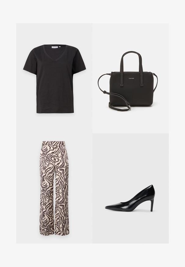 Schwarzes Baumwoll-T-Shirt mit V-Ausschnitt und kurzen Ärmeln. Einfaches Design mit normalem Schnitt und ohne Muster oder Akzente.; Hose mit weitem Bein aus leichtem Stoff, mit beigem Hintergrund und braunen Zebramustern sowie einem flachen Bund.; Schwarzer Lederhochschuh mit spitzem Zehenbereich, glatter Textur und schmalem Absatz. Minimalistisches Design, keine zusätzlichen Verzierungen.; Schwarze Handtasche mit zwei kurzen, doppelt geflochtenen Griffen und einem abnehmbaren Schulterriemen. Glattes, lederähnliches Material mit einem Reißverschluss und Logodetail.