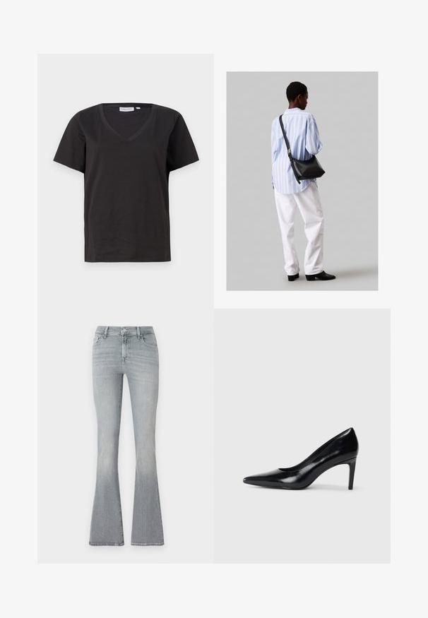Musta puuvillainen T-paita, jossa on V-kaula-aukko ja lyhyet hihat. Yksinkertainen muotoilu, säännöllinen istuvuus ilman kuvioita tai koristeita.; Farkut leveälahkeiset vaaleanharmaasta denimestä. Korkeavyötäröiset, ylhäältä alas vähäisellä haalistumisella. Klassinen viisi taskua -malli ja metallinen nappukiinnitys.; Mustat nahkakengät korkealla korolla, terävä kärki, sileä pinta ja kapeneva korko. Minimalistinen muotoilu, ei ylimääräisiä koristeita.; Musta nahkainen olkalaukku, jossa on pehmeä rakenne, kolmion muoto ja säädettävä hihna, yhdistettynä vaaleansiniseen raidalliseen paitaan ja valkoisiin housuihin.