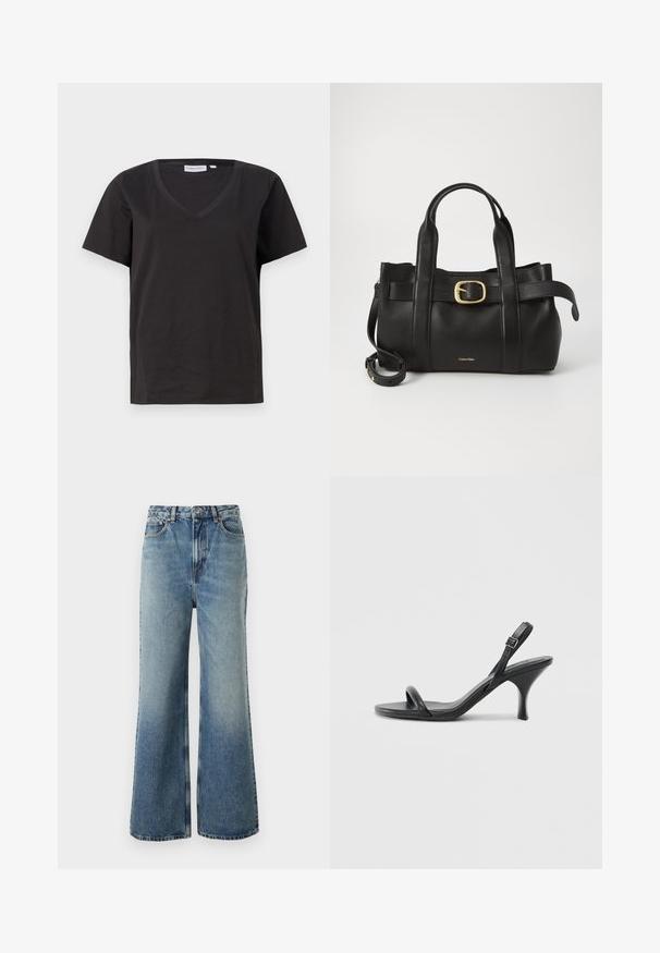 Tricou negru din bumbac cu decolteu în V și mâneci scurte. Design simplu, cu o croială normală și fără modele sau accente.; Jeans din denim albastru deschis, cu talie înaltă, croială largă, ușoară decolorare și cusături contrastante; au buzunare frontale și închidere cu nasture.; Sandale cu toc înalt din piele neagră, cu un toc subțire și curbat și un design cu curea încrucișată. Curea la gleznă ajustabilă. Textură netedă.; Geantă de mână din piele neagră, cu un design structurat, mânere superioare duale, accent cu cataramă aurie și logo-ul brandului embosat în față.