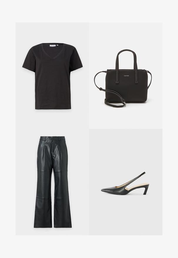 Sort bomulds T-shirt med V-hals og korte ærmer. Enkel design med regular fit og ingen mønstre eller accenter.; JOOP! LORENA - Skindbukser - black; Sorte spidse slingback-sko med en lav hæl, lavet af glat læder og med udskæringer på siden for åndbarhed.; Sort håndtaske med to korte håndtag og en aftagelig skulderrem. Glat læderagtigt materiale med lynlåslukning og logo detaljer.