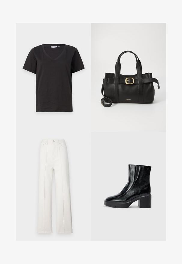 Black cotton T-shirt with a V-neck and short sleeves. Simple design with a regular fit and no patterns or accents.; White denim wide-leg pants with a high waist, featuring vertical stitching and a front button closure. Smooth texture with a clean design.; Black patent leather ankle boots with a curved toe, elastic side panels, and a chunky block heel. Features embossed logo on the back.; Black leather handbag featuring a structured design, dual top handles, gold-tone buckle accent, and embossed brand logo at the front.