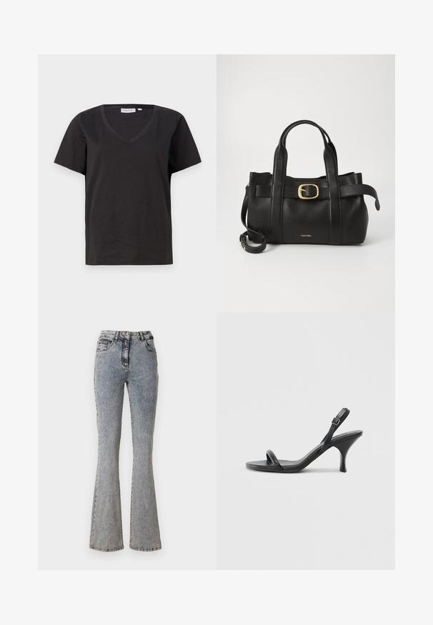 Black cotton T-shirt with a V-neck and short sleeves. Simple design with a regular fit and no patterns or accents.; Flared blue denim jeans with a faded wash; high waist; five pockets; button closure; contrast stitching along seams.; Black leather high-heeled sandals with a slim, curved heel and a crossed strap design. Adjustable ankle strap. Smooth texture.; Black leather handbag featuring a structured design, dual top handles, gold-tone buckle accent, and embossed brand logo at the front.