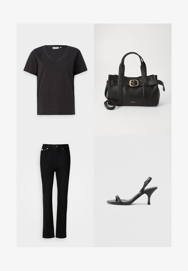 Svart bomull T-skjorte med V-hals og korte ermer. Enkel design med vanlig passform og uten mønstre eller detaljer.; Svarte rett-kutt jeans med knapp og glidelås foran, beltesløyfer, og fem lommer.; Sorte skinnhøye hæler med en slank, buet hæl og et kryssrem-design. Justerbar ankelrem. Glatt tekstur.; Svart lærveske med en strukturert design, doble topphåndtak, gullfarget spenneakent og preget merke-logo foran.
