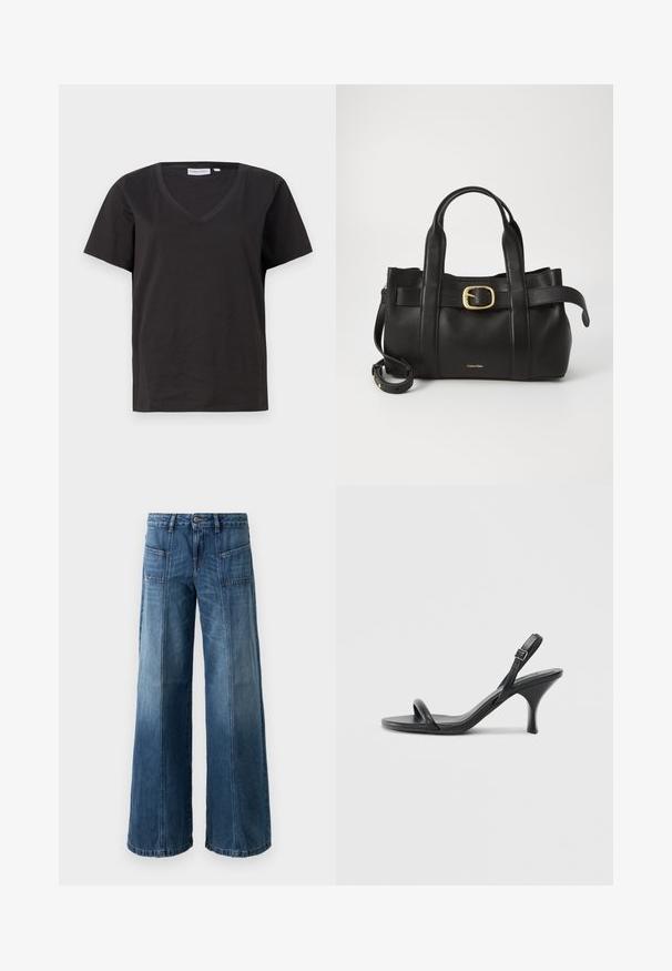 Svart bomull T-skjorte med V-hals og korte ermer. Enkel design med vanlig passform og uten mønstre eller detaljer.; Vide benbukser i en falmet blå denim. Har fem lommer, en knapp og glidelås lukking, med synlige sting og en løs passform.; Sorte skinnhøye hæler med en slank, buet hæl og et kryssrem-design. Justerbar ankelrem. Glatt tekstur.; Svart lærveske med en strukturert design, doble topphåndtak, gullfarget spenneakent og preget merke-logo foran.