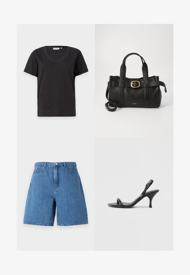 Melnas kokvilnas T-krekls ar V veida kakla izgriezumu un īsām piedurknēm. Vienkāršs dizains ar regulāru piegriezumu un bez rakstiem vai akcentiem.; Denim šorti vidēji zilā krāsā ar augstu jostasvietu, divām priekšējām kabatām un klasisko piecu kabatu dizainu ar šuvuma detaļām.; Melnas ādas augstpapēžu sandales ar plānu, izliekta formas papēdi un krustenisku siksnu dizainu. Regulējama potītes siksna. Gluda tekstūra.; Melnas ādas rokassoma ar strukturētu dizainu, divām augšējām rokturām, zelta toņa sprādzes akcentu un iegravētu zīmola logo priekšpusē.
