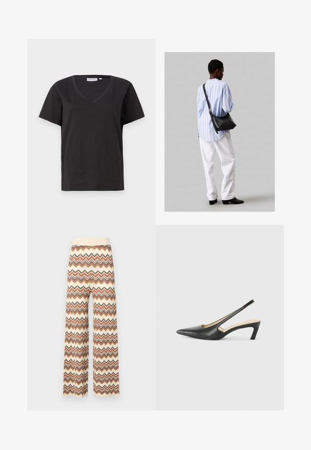 Čierne bavlnené tričko s výstrihom do V a krátkymi rukávmi. Jednoduchý dizajn s bežným strihom a bez vzorov alebo akcentov.; Malina DITTE PANTS - Nohavice - multi-coloured; Čierne slingback topánky s ostrou špičkou a nízkym opätkom, vyrobené z hladkej kože a s výrezmi na boku pre lepšiu priedušnosť.; Čierna kožená ramenná taška so mäkkou textúrou, trojuholníkovým tvarom a nastaviteľným popruhom, skombinovaná s svetlomodrou pruhovanou košeľou a bielymi nohavicami.