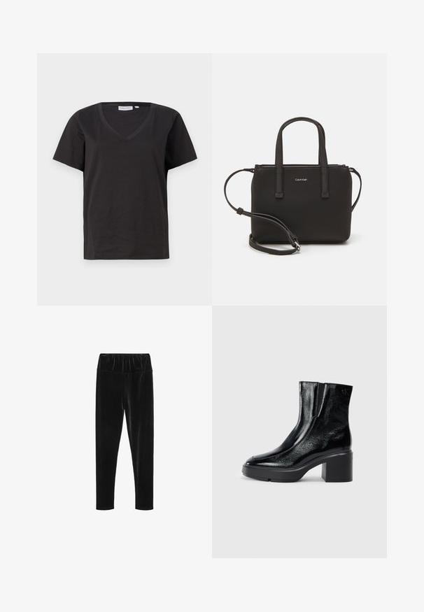 Černé bavlněné tričko s výstřihem do V a krátkým rukávem. Jednoduchý design s klasickým střihem bez vzorů nebo akcentů.; Černé sametové legíny s elastickým pasem a hladkou, lesklou strukturou. Úzký střih s tapered designem nohavic.; Černé lakované kotníkové boty s zakřivenou špičkou, elastickými bočními panely a robustním blokovým podpatkem. Na zadní straně se nachází embosované logo.; Černá kabelka s dvojitými krátkými uchy a odnímatelným ramenním popruhem. Hladký koženkový materiál s uzávěrem na zip a detailem loga.