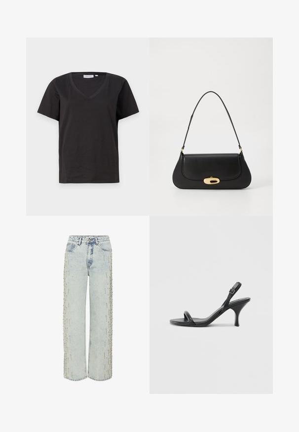 Melnas kokvilnas T-krekls ar V veida kakla izgriezumu un īsām piedurknēm. Vienkāršs dizains ar regulāru piegriezumu un bez rakstiem vai akcentiem.; Gaiši zilu džinsu bikses ar brīvu piegriezumu, ar dekoratīvu pērlīšu apdari gar sānu šuvēm un klasisku piecu kabatu dizainu.; Melnas ādas augstpapēžu sandales ar plānu, izliekta formas papēdi un krustenisku siksnu dizainu. Regulējama potītes siksna. Gluda tekstūra.; Melna ādas rokassoma ar izliekta dizaina elementiem, zelta krāsas detaļām un augšējo rokturi. Iezīmējas ar elegantu aizdari un gludu faktūru.