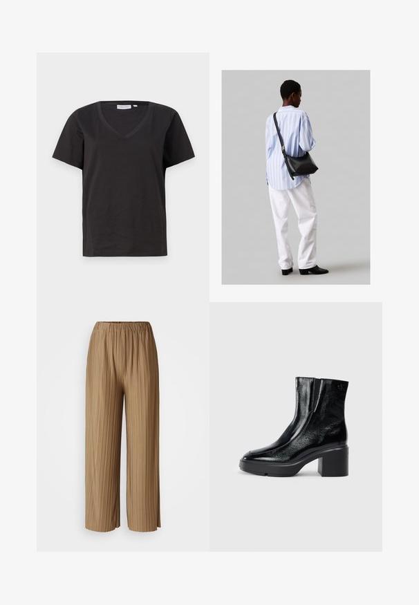 Černé bavlněné tričko s výstřihem do V a krátkým rukávem. Jednoduchý design s klasickým střihem bez vzorů nebo akcentů.; Hnědé široké kalhoty s plisováním a elastickým pasem. Vyrobeno z lehkého materiálu, s vertikálními pruhy pro texturu a plynulost.; Černé lakované kotníkové boty s zakřivenou špičkou, elastickými bočními panely a robustním blokovým podpatkem. Na zadní straně se nachází embosované logo.; Černá kožená kabelka přes rameno s jemnou texturou, trojúhelníkovým tvarem a nastavitelným popruhem, v kombinaci se světle modrou pruhovanou košilí a bílými kalhotami.