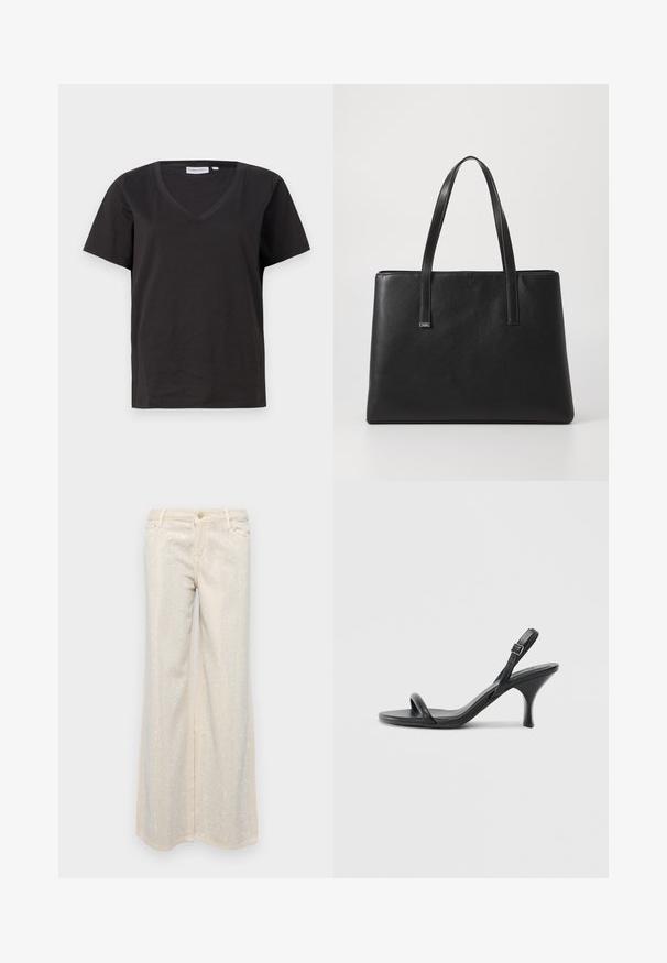 Svart bomull T-skjorte med V-hals og korte ermer. Enkel design med vanlig passform og uten mønstre eller detaljer.; Beige vide bukser med en glat tekstur, prydet med metalliske sølvfarvede paljetter arrangeret i et mønster over forsiden og bagsiden.; Sorte skinnhøye hæler med en slank, buet hæl og et kryssrem-design. Justerbar ankelrem. Glatt tekstur.; Svart lær tote bag med to lange håndtak, rektangulær form, teksturert overflate og minimalistisk design. Ingen synlige detaljer eller accenter.