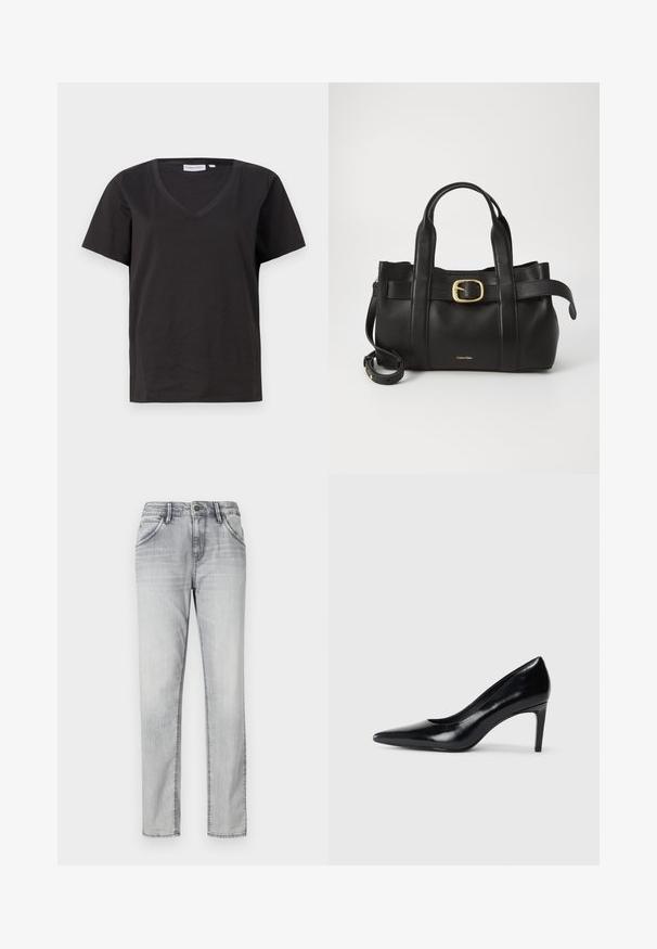 Must musta T-särk V-kaelusega ja lühikeste varrukatega. Lihtne disain, regulaarne istuvus, ilma mustrite ja aktsentideta.; Hallid hallid teksad klassikalise lõikega, millel on nupplukuga sulgemine, viis taskut ja kerged värvikohendused tekstuuri jaoks. Üksik jalg.; Mustmust musta kõrge kontsaga king, millel on terav varvas, sile tekstuur ja kitsenev konts. Minimalistlik disain, ilma täiendavate kaunistusteta.; Must mustraga nahkakott, millel on struktureeritud disain, kaks ülemist kanda, kuldse tooni pandla aktsent ja esiküljel embosseeritud brändi logo.