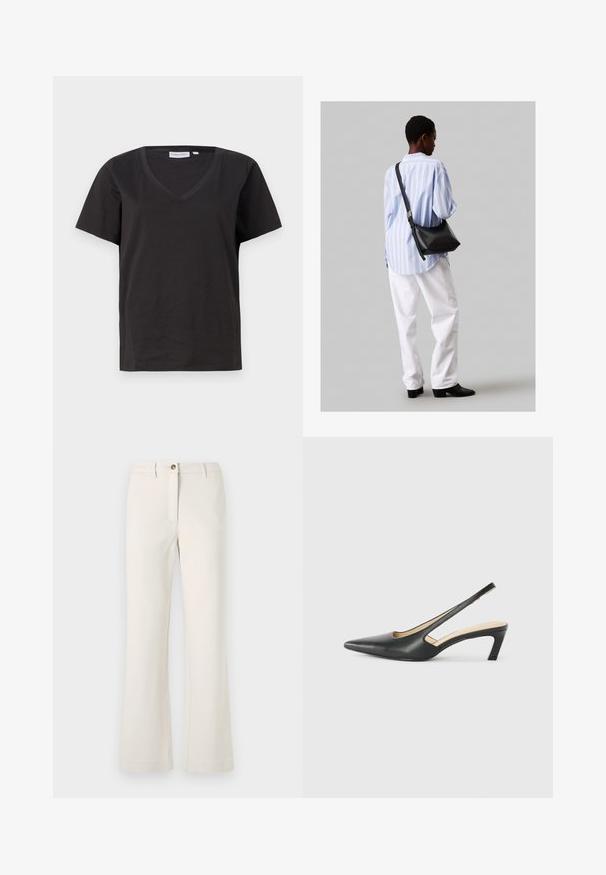 Czarna bawełniana koszulka z dekoltem w serek i krótkimi rękawami. Prosty design o regularnym kroju bez wzorów ani dodatków.; Beżowe spodnie z rozszerzającą się nogawką, wykonane z gładkiego materiału. Posiadają pojedynczy guzik z przodu oraz zamek błyskawiczny, a także szlufki na pasek.; Czarny but na obcasie typu slingback z ostro zakończonym noskiem, z niskim obcasem, wykonany z gładkiej skóry, z wycięciem po boku dla lepszej wentylacji.; Czarna skórzana torba na ramię o miękkiej fakturze, w kształcie trójkąta, z regulowanym paskiem, połączona z jasnoniebieską koszulą w paski i białymi spodniami.