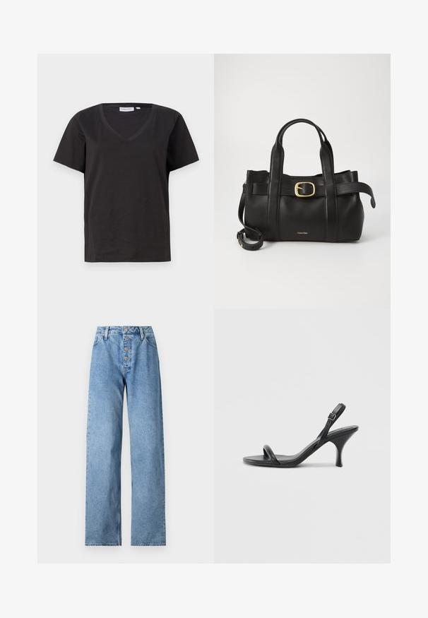 T-shirt in cotone nero con scollo a V e maniche corte. Design semplice con vestibilità regolare, senza motivi o dettagli.; Jeans in denim azzurro chiaro con vita alta, taglio a gamba larga, chiusura a cinque bottoni e passanti per cintura. Il tessuto ha una consistenza liscia con una leggera sbiaditura.; Sandali con tacco alto in pelle nera, con tacco sottile e curvo e design a fascia incrociata. Cinghia alla caviglia regolabile. Texture liscia.; Borsa a mano in pelle nera con un design strutturato, doppie maniglie superiori, accentuazione in metallo dorato e logo del marchio in rilievo sul davanti.