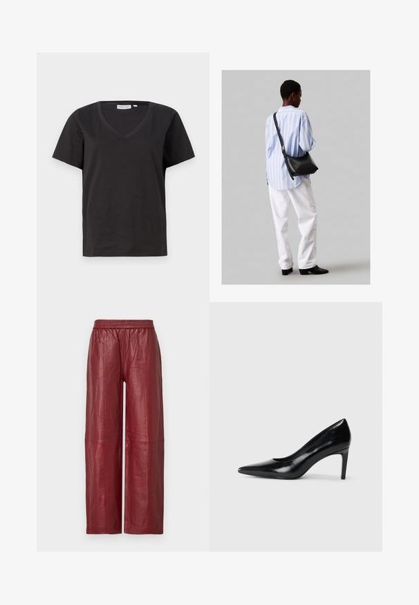 Sort bomulds T-shirt med V-hals og korte ærmer. Enkel design med regular fit og ingen mønstre eller accenter.; Røde læder bukser med bred benåbning, elastisk talje og glat tekstur. Har synlige sømme og en afslappet pasform.; Sort læder højhælede sko med spids tå, glat tekstur og en taperet hæl. Minimalistisk design uden yderligere udsmykninger.; Sort læder skuldertaske med en blød tekstur, trekantet form og justerbar strop, kombineret med en lyseblå stribet skjorte og hvide bukser.