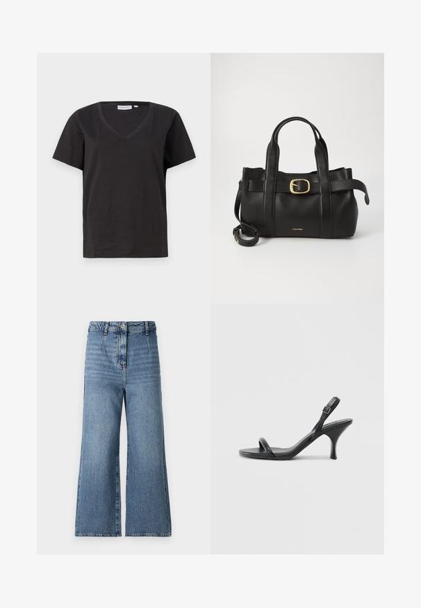 Tricou negru din bumbac cu decolteu în V și mâneci scurte. Design simplu, cu o croială normală și fără modele sau accente.; Jeans din denim cu picioare largi, de culoare albastru deschis, având talie înaltă, design clasic cu cinci buzunare și o textură decolorată cu striații subtile.; Sandale cu toc înalt din piele neagră, cu un toc subțire și curbat și un design cu curea încrucișată. Curea la gleznă ajustabilă. Textură netedă.; Geantă de mână din piele neagră, cu un design structurat, mânere superioare duale, accent cu cataramă aurie și logo-ul brandului embosat în față.