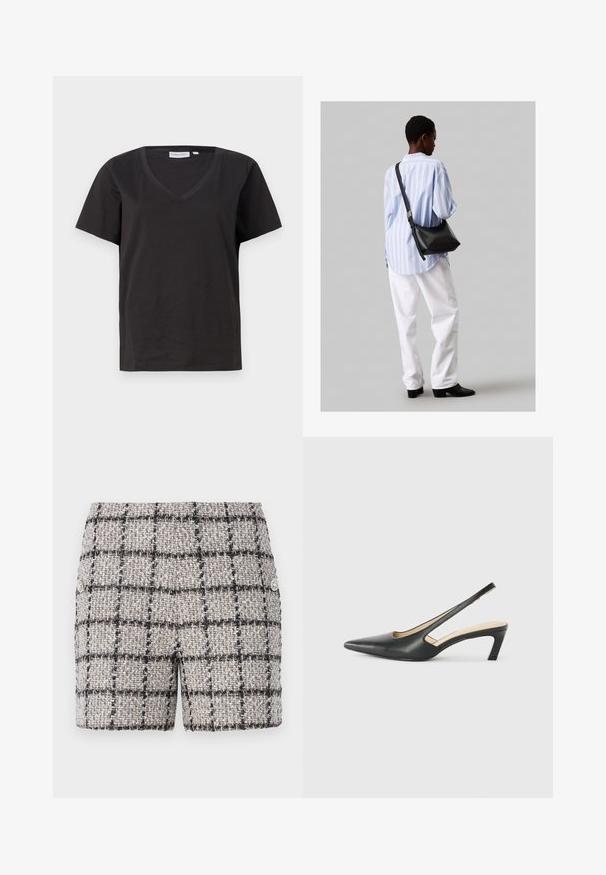 Svart bomull T-skjorte med V-hals og korte ermer. Enkel design med vanlig passform og uten mønstre eller detaljer.; Tweed shorts i en nøytral farge med svart og hvitt sjakkmønster. Har dekorative knapper foran. Teksturert stoff.; Svart spiss tå slingback-sko med lav hæl, laget av jevnt skinnmateriale og med utskåret design på siden for pusteevne.; Svart lær skulderveske med en myk tekstur, trekantet form og justerbar stropp, kombinert med en lyseblå stripete skjorte og hvite bukser.