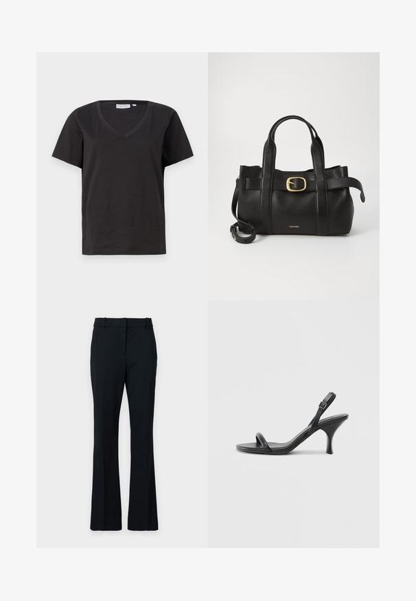 T-shirt en coton noir avec un col en V et des manches courtes. Design simple avec une coupe régulière et sans motifs ni accents.; Pantalons évasés noirs en tissu lisse. Dotés d'un devant plat, de passants de ceinture et d'une coupe ajustée qui s'élargit progressivement vers le bas.; Sandales à talons hauts en cuir noir avec un talon fin et courbé et un design de brides croisées. Bride de cheville réglable. Texture lisse.; Sac à main en cuir noir présentant un design structuré, deux poignées supérieures, un accent de boucle en ton doré et un logo de la marque en relief à l'avant.