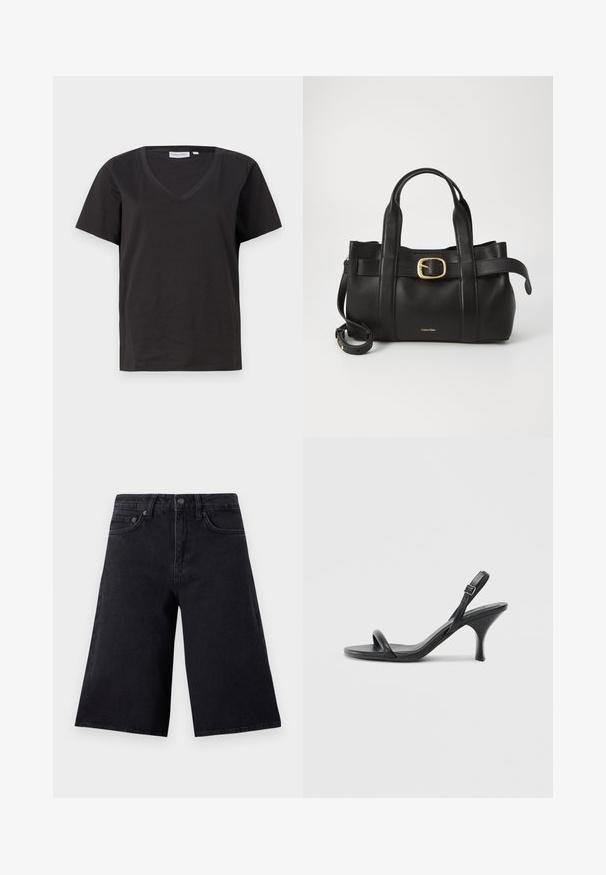 Tricou negru din bumbac cu decolteu în V și mâneci scurte. Design simplu, cu o croială normală și fără modele sau accente.; Culottes din denim negru cu talie înaltă, două buzunare frontale și un design drept, cu picioare largi. Material durabil cu detalii minime de cusături.; Sandale cu toc înalt din piele neagră, cu un toc subțire și curbat și un design cu curea încrucișată. Curea la gleznă ajustabilă. Textură netedă.; Geantă de mână din piele neagră, cu un design structurat, mânere superioare duale, accent cu cataramă aurie și logo-ul brandului embosat în față.