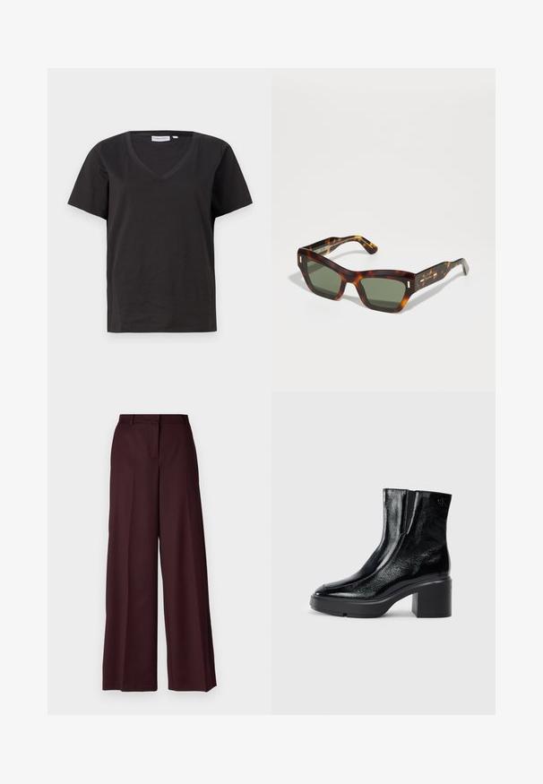 Melnas kokvilnas T-krekls ar V veida kakla izgriezumu un īsām piedurknēm. Vienkāršs dizains ar regulāru piegriezumu un bez rakstiem vai akcentiem.; Pinko BENEDETTI PANTALONE - Auduma bikses - bordeaux intenso; Melnas lakotas ādas potītes zābaki ar izliekto purngalu, elastīgām sānu paneļiem un masīvu blokveida papēdi. Aizmugurē ir izsistā logo.; Tortīšu sarkstainas saulesbrilles ar taisnstūra zaļām lēcām. Bieza rāmja dizainā ir zelta akcenti uz tempļiem. Gluda tekstūra un stūrains dizains.