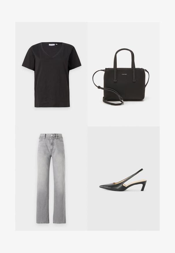 Juodas medvilninis marškinėlis su V formos iškirpte ir trumpomis rankovėmis. Paprastas dizainas, reguliaraus kirpimo, be raštų ar akcentų.; Šviesiai pilkos džinsinės kelnės su aukštu liemeniu, tiesaus sijono dizainu, subtiliu blukimu ir klasikiniu penkių kišenių stiliumi. Metalinis mygtukas ir užtrauktukas.; Juodas smailus slingback batelis su žemu kulnu, pagamintas iš lygaus odos paviršiaus ir su išpjovomis šone, užtikrinančiomis oro pralaidumą.; Juoda rankinė su dviem trumpais rankenėlėmis ir nuimamu petį. Lygaus odos tipo medžiaga su užtrauktuku ir logotipo detale.