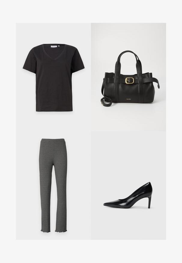 Juodas medvilninis marškinėlis su V formos iškirpte ir trumpomis rankovėmis. Paprastas dizainas, reguliaraus kirpimo, be raštų ar akcentų.; Pilkos juostos trikotažo kelnes su prigludusia forma, raukšlėtu apvadu ir elastinga juosta. Yra tekstūruotas raštas visame paviršiuje.; Juodas odinis aukštakulnis batelis su smailiu pirštu, lygiu paviršiumi ir siauru kulnu. Minimalistinis dizainas, jokių papildomų puošmenų.; Juodas odinis rankinės maišas su struktūrizuotu dizainu, dviem viršutinėmis rankenomis, auksinės spalvos sagtimi ir iškilniu prekės ženklu priekyje.