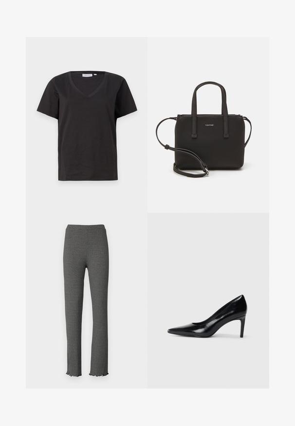 Melnas kokvilnas T-krekls ar V veida kakla izgriezumu un īsām piedurknēm. Vienkāršs dizains ar regulāru piegriezumu un bez rakstiem vai akcentiem.; Pelēkas ribu adītas bikses ar pieguļošu dizainu, saliektu apakšmali un elastīgu jostasvietu. Iekļauj teksturētu rakstu visā garumā.; Melnas ādas augstpapēžu kurpes ar norādītu purngali, gludu tekstūru un šauru papēdi. Minimālistisks dizains, bez papildu rotājumiem.; Melns roku soma ar divām īsām rokturiem un noņemamu plecu siksnu. Gluda ādas līdzīga materiāla ar rāvējslēdzēja aizdari un logos detaļu.