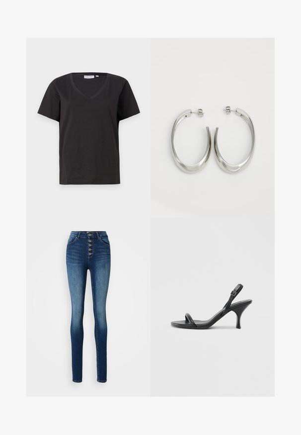 Fekete pamut póló V-nyakkal és rövid ujjakkal. Egyszerű dizájn, normál fazon, minta vagy díszítés nélkül.; Magas derekú farmernadrág, sötétkék, sima felületű, öt gombos elülső záródással és slim fit szabással. Klasszikus öt zsebes kialakítás.; Fekete bőrből készült, magassarkú szandál, vékony, ívelt sarokkal és keresztben átkötött pántokkal. Állítható bokapánt. Sima felület.; Ezüst karika fülbevalók sima, ívelt formával. Fényes fémes felülettel és tűs zárral rendelkeznek. Nincsenek látható minták vagy kiegészítők.