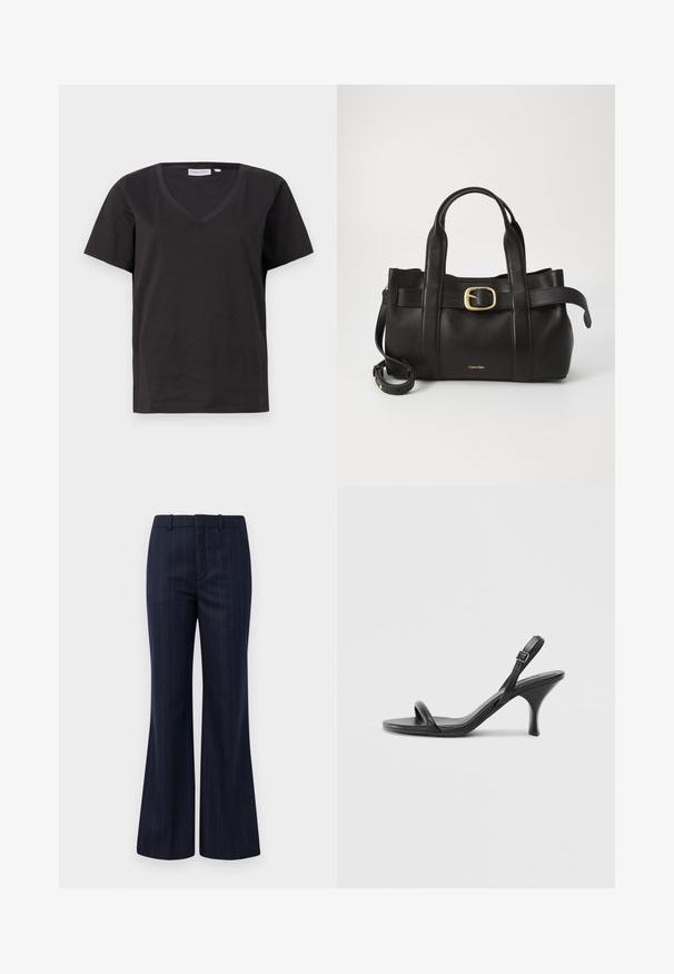 Schwarzes Baumwoll-T-Shirt mit V-Ausschnitt und kurzen Ärmeln. Einfaches Design mit normalem Schnitt und ohne Muster oder Akzente.; Marineblau gestreifte Hose mit weitem Bein-Design, aus einem strukturierten Stoff gefertigt, mit flachem Frontteil und Gürtelschlaufen für eine taillierte Passform.; Schwarze Leder-Sandalen mit hohen Absätzen, schlankem, gebogenem Absatz und gekreuztem Riemendesign. Verstellbarer Knöchelriemen. Glatte Textur.; Schwarze Lederhandtasche mit strukturiertem Design, doppelten oberen Griffen, goldfarbenem Schnallenakzent und geprägtem Markenlogo auf der Vorderseite.