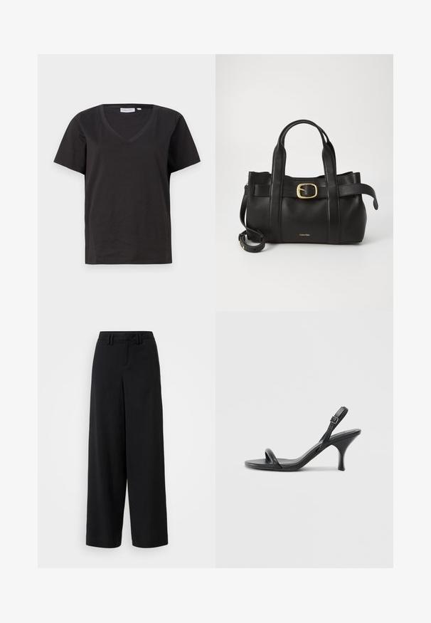 Black cotton T-shirt with a V-neck and short sleeves. Simple design with a regular fit and no patterns or accents.; Black wide-leg trousers made of smooth fabric, featuring a flat-front design, pleated details, and belt loops at the waistband.; Black leather high-heeled sandals with a slim, curved heel and a crossed strap design. Adjustable ankle strap. Smooth texture.; Black leather handbag featuring a structured design, dual top handles, gold-tone buckle accent, and embossed brand logo at the front.