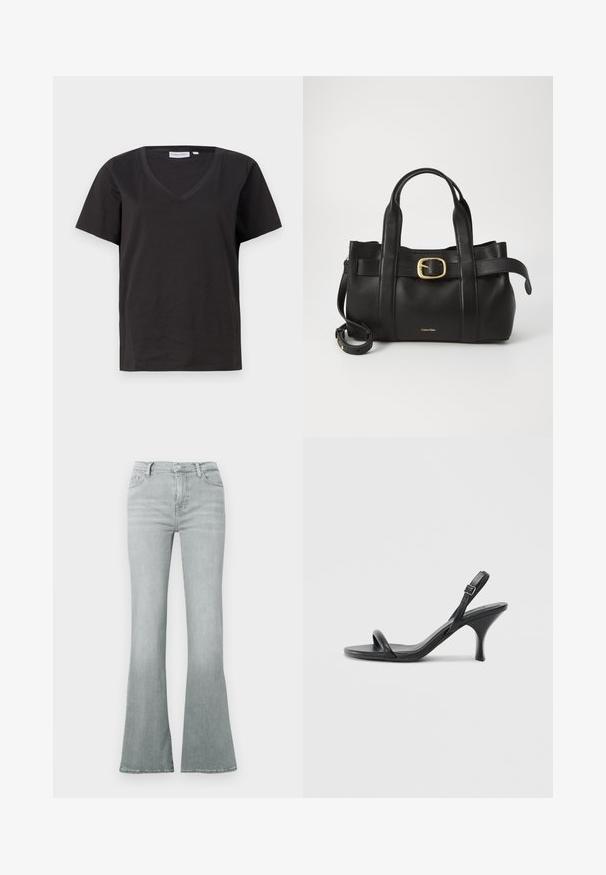 Black cotton T-shirt with a V-neck and short sleeves. Simple design with a regular fit and no patterns or accents.; Light gray flared jeans made of denim, featuring a high waist, five-pocket design, and a smooth texture with subtle fading.; Black leather high-heeled sandals with a slim, curved heel and a crossed strap design. Adjustable ankle strap. Smooth texture.; Black leather handbag featuring a structured design, dual top handles, gold-tone buckle accent, and embossed brand logo at the front.