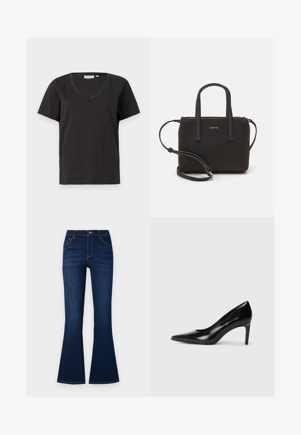 Zwarte katoenen T-shirt met een V-hals en korte mouwen. Eenvoudig ontwerp met een regular fit en zonder patronen of accenten.; Donkerblauwe flared jeans van denim stof. Heeft een hoge taille, vijf zakken, oranje stiksels en een metalen knoopsluiting.; Zwarte leren hoge hak met een spitse neus, een gladde textuur en een tapse hak. Minimalistisch ontwerp, geen extra versieringen.; Zwarte handtas met dubbele korte handvatten en een afneembare schouderriem. Glad, leerachtig materiaal met een ritssluiting en logo-detail.