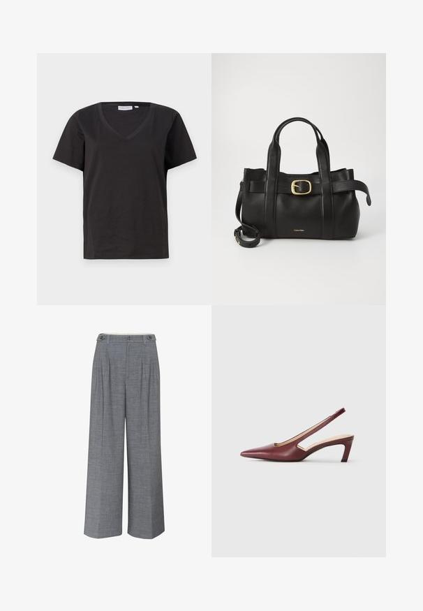 Melnas kokvilnas T-krekls ar V veida kakla izgriezumu un īsām piedurknēm. Vienkāršs dizains ar regulāru piegriezumu un bez rakstiem vai akcentiem.; Pelēki platajiem kājām bikses, izgatavotas no teksturēta auduma, ar divkāršu pogu aizdari un priekšējām krokām papildu dizaina detaļām.; Burgundijas krāsas slingback papēži ar norādītu purngalu, sānu izgriezumiem un vidēja auguma bloku papēdi. Gluda ādas apdare.; Melnas ādas rokassoma ar strukturētu dizainu, divām augšējām rokturām, zelta toņa sprādzes akcentu un iegravētu zīmola logo priekšpusē.