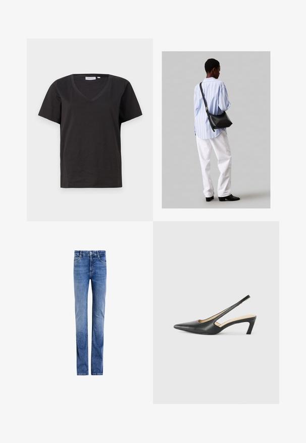 Tricou negru din bumbac cu decolteu în V și mâneci scurte. Design simplu, cu o croială normală și fără modele sau accente.; Jeans din denim de culoare bleu deschis, cu un design drept, styling cu cinci buzunare și închidere clasică cu buton în față. Spălare ușor decolorată cu urme subtile.; Pantof cu toc mic, cu vârf ascuțit și slingback, realizat din piele netedă, având un design decupat pe lateral pentru respirabilitate.; Geantă de umăr din piele neagră cu o textură moale, formă triunghiulară și curea ajustabilă, asortată cu o bluză cu dungi albastre deschise și pantaloni albi.