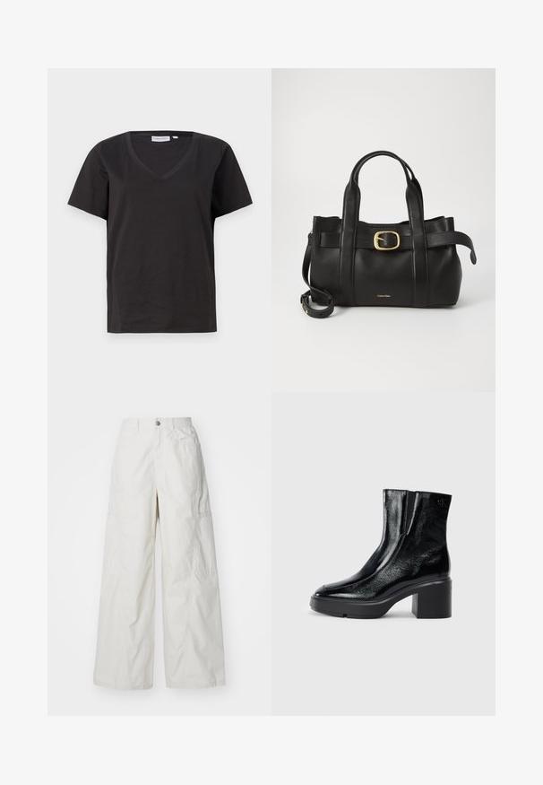 Fekete pamut póló V-nyakkal és rövid ujjakkal. Egyszerű dizájn, normál fazon, minta vagy díszítés nélkül.; Széles lábú cargo nadrág világos bézs színben, könnyű anyagból készült. Oldalsó zsebekkel és gombos derékzárral rendelkezik.; Fekete lakkbőr bokacsizma ívelt orral, elasztikus oldalpanelek és vastag blokk sarkal. A hátsó részen dombornyomott logó található.; Fekete bőr kézitáska, amely strukturált kialakítással rendelkezik, dupla felső fogantyúval, arany tónusú csattal és a márka dombornyomott logójával az elején.