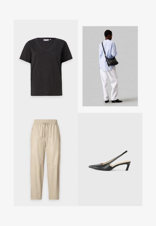 Fekete pamut póló V-nyakkal és rövid ujjakkal. Egyszerű dizájn, normál fazon, minta vagy díszítés nélkül.; Fényes, sima anyagból készült bézs sportnadrág. Rugalmas derékkal és húzózsinórral rendelkezik, oldalsó zsebekkel és szűkített lábakkal.; Fekete, hegyes orrú, slingback cipő alacsony sarkával, sima bőrből készült, oldalt kivágott deisgnal a légáteresztőképesség érdekében.; Fekete bőr válltáska puha tapintással, háromszög alakú, állítható pánttal, világoskék csíkos inggel és fehér nadrággal párosítva.